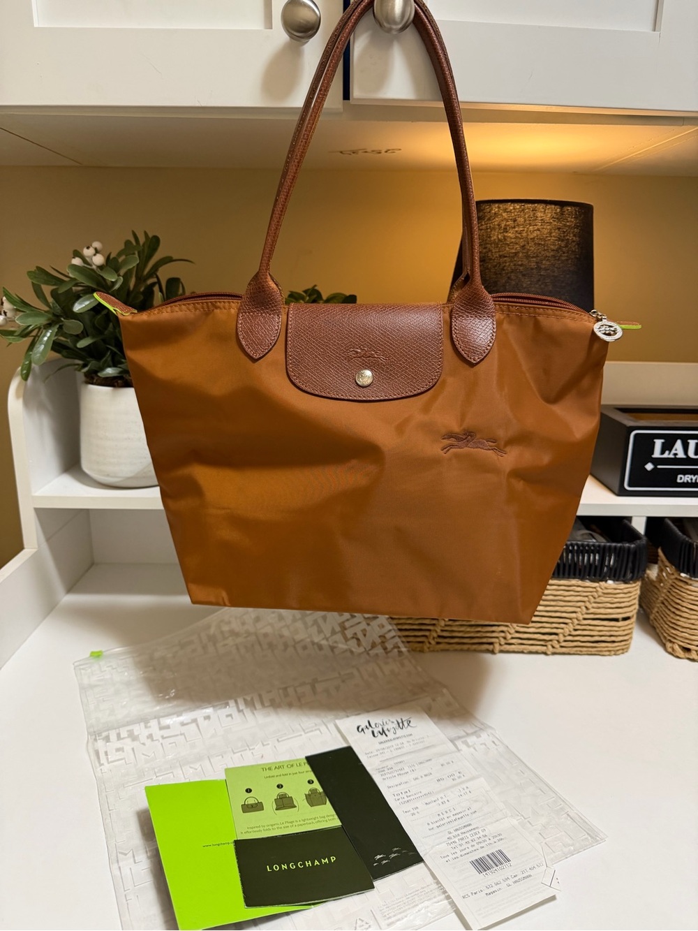 Longchamp Le Pliage Whiskey Brown Nylon Tote, Leather Trim